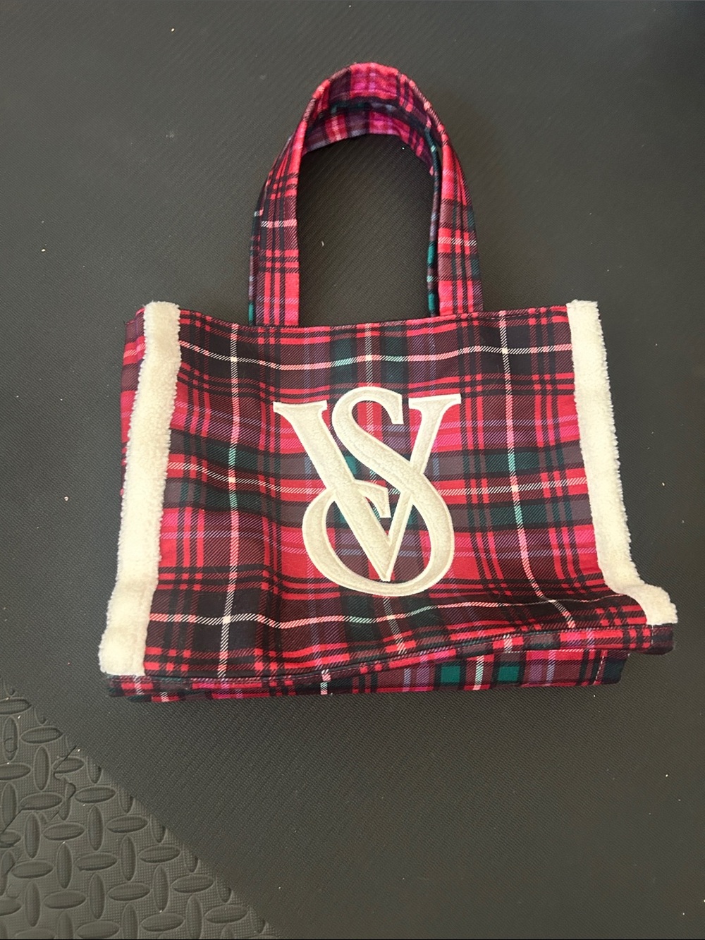 Victoria's Secret Pink and Black Plaid Tote with Cream Sherpa Trim
